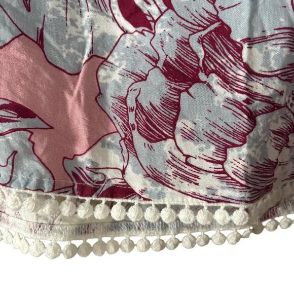 Tropical Floral Crop Top Sleeveless Keyhole Back Pom-Pom Trim Summer Tank - Picture 3 of 7